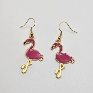 Flamingo Earrings Pink Enamel Goldtone Dangle Tropical Cute Kawaii Whimsy Fun 2"